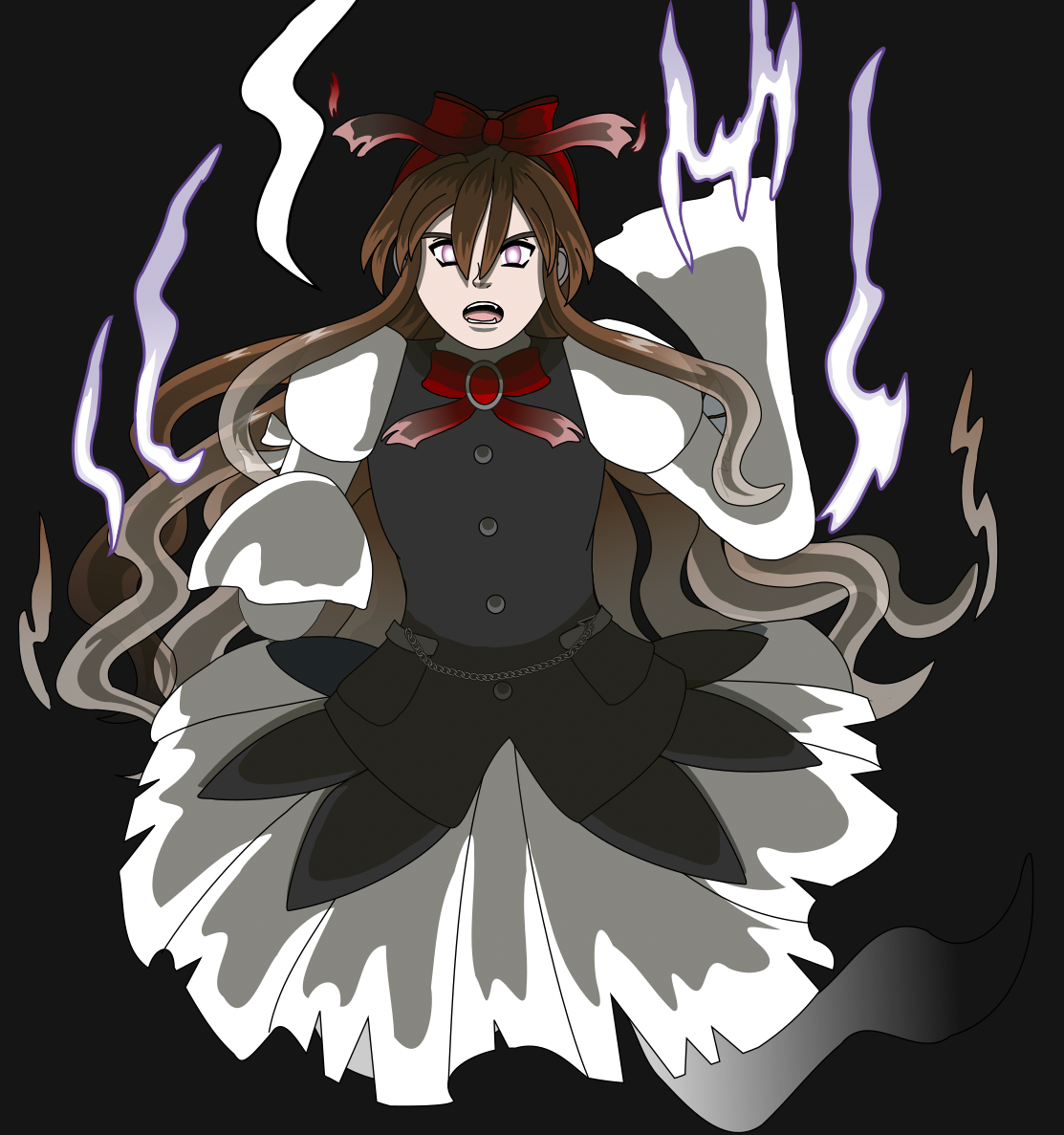 Image description: A ghostly woman with long wavy brown hair that fades to a translucent gray wears a white dress with a black vest and red bows. She has her left hand raised and purple ghostly energy rises from her hand and around her. Her eyes are pink-purple and glow brightly and she has an ominous expression.